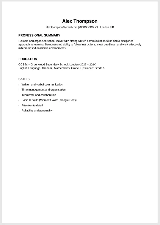 School Leaver CV
